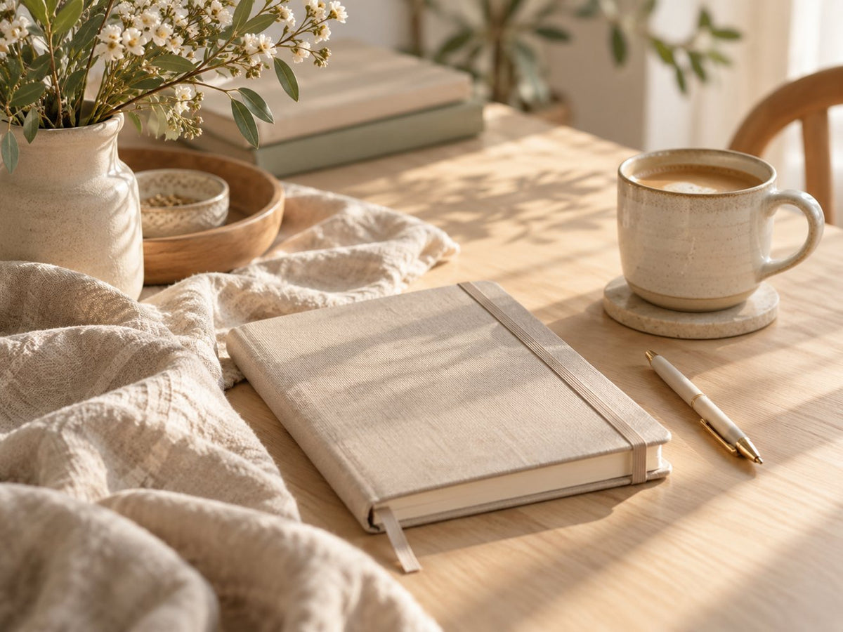 Ruhige Journaling-Szene am Morgen mit Notizbuch, Kaffee und warmem Tageslicht